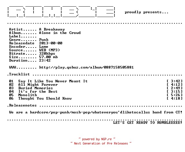 NFO for the release A_Breakaway-Alone_In_The_Crowd-EP-(WEB)-2013-RUMBLE by RUMBLE