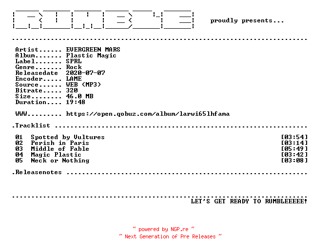 NFO for the release Evergreen_Mars-Plastic_Magic-EP-(WEB)-2020-RUMBLE by RUMBLE