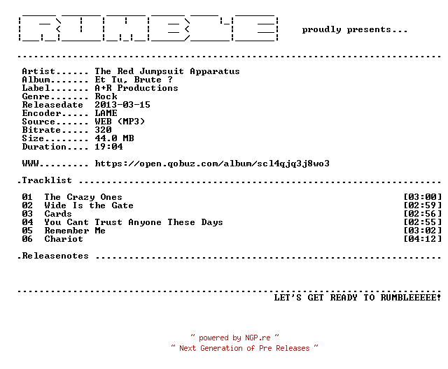 NFO for the release The_Red_Jumpsuit_Apparatus-Et_Tu_Brute-EP-(WEB)-2013-RUMBLE by RUMBLE