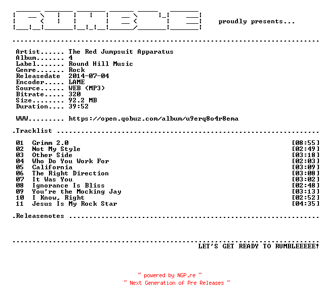 NFO for the release The_Red_Jumpsuit_Apparatus-4-(WEB)-2014-RUMBLE by RUMBLE
