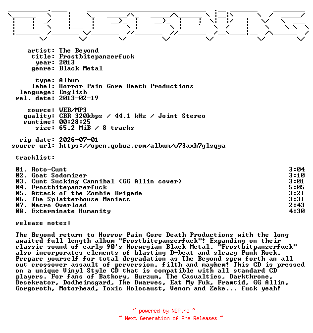 NFO for the release The_Beyond-Frostbitepanzerfuck-WEB-2013-BLEEDiNG by BLEEDiNG
