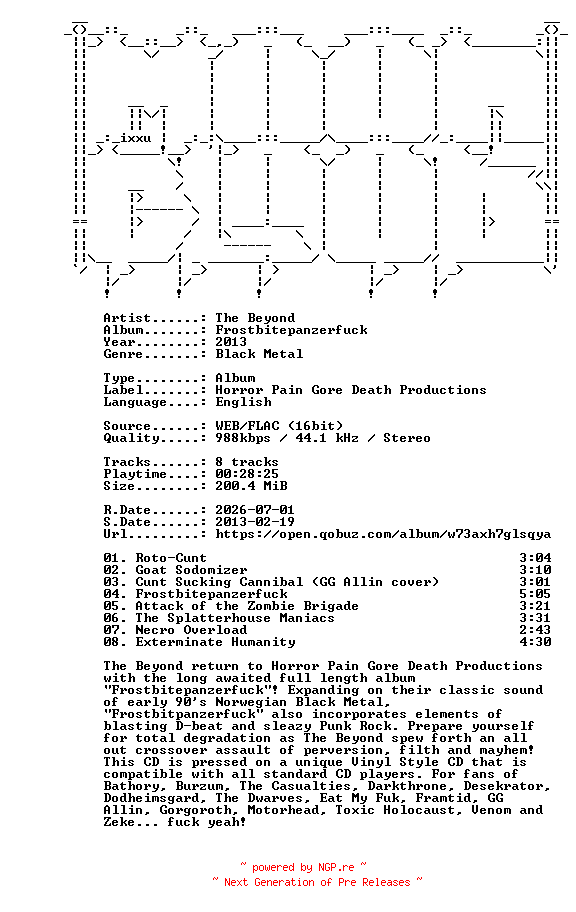 NFO for the release The_Beyond-Frostbitepanzerfuck-16BIT-WEB-FLAC-2013-MOONBLOOD by MOONBLOOD