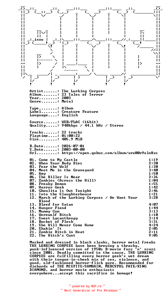 NFO for the release The_Lurking_Corpses-23_Tales_of_Terror-16BIT-WEB-FLAC-2003-MOONBLOOD by MOONBLOOD