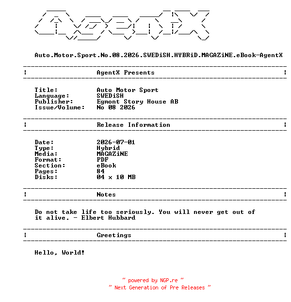 NFO for the release Auto.Motor.Sport.No.08.2026.SWEDiSH.HYBRiD.MAGAZiNE.eBook-AgentX by AgentX