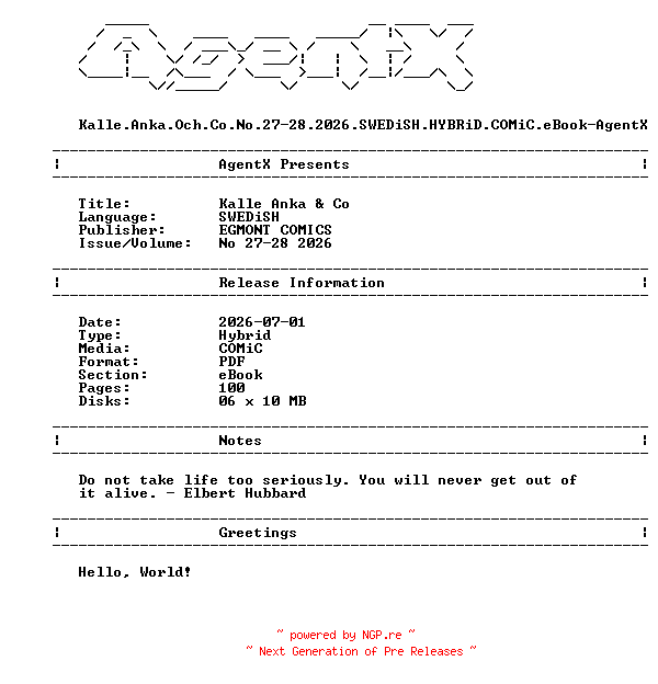 NFO for the release Kalle.Anka.Och.Co.No.27-28.2026.SWEDiSH.HYBRiD.COMiC.eBook-AgentX by AgentX