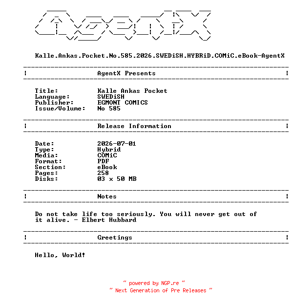 NFO for the release Kalle.Ankas.Pocket.No.585.2026.SWEDiSH.HYBRiD.COMiC.eBook-AgentX by AgentX
