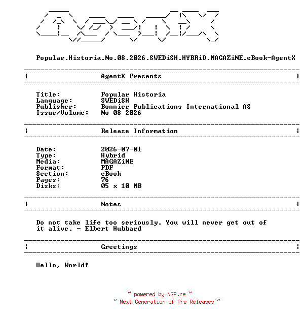 NFO for the release Popular.Historia.No.08.2026.SWEDiSH.HYBRiD.MAGAZiNE.eBook-AgentX by AgentX