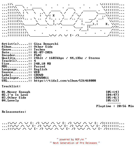 NFO for the release Gina_Demarchi-Other_Side-CROWD011-24BIT-WEB-FLAC-2026-WAVED by WAVED