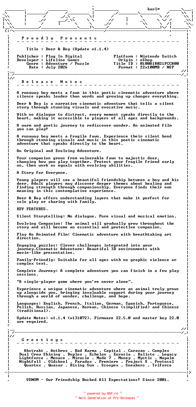 NFO for the release Deer_and_Boy_Update_v1.1.4_NSW-VENOM by VENOM