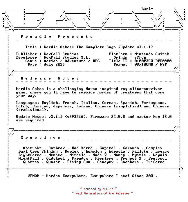 NFO for the release Nordic_Ashes_The_Complete_Saga_Update_v3.1.1_NSW-VENOM by VENOM