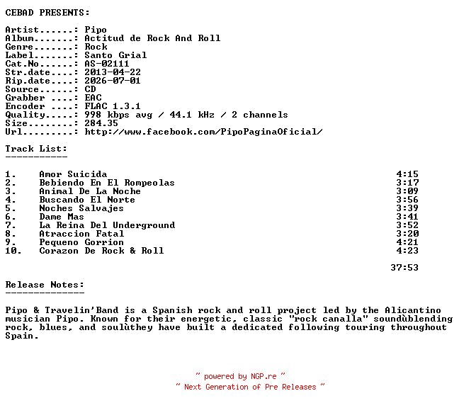 NFO for the release Pipo-Actitud_De_Rock_and_Roll-(AS-02111)-ES-CD-FLAC-2013-CEBAD by CEBAD