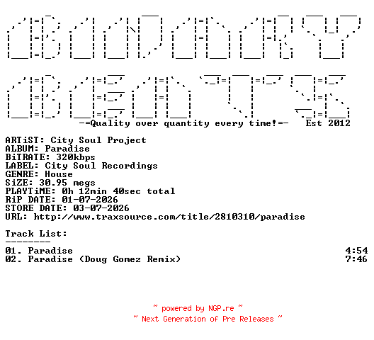 NFO for the release City_Soul_Project-Paradise-(CSR130)-WEB-2026-BB by BB