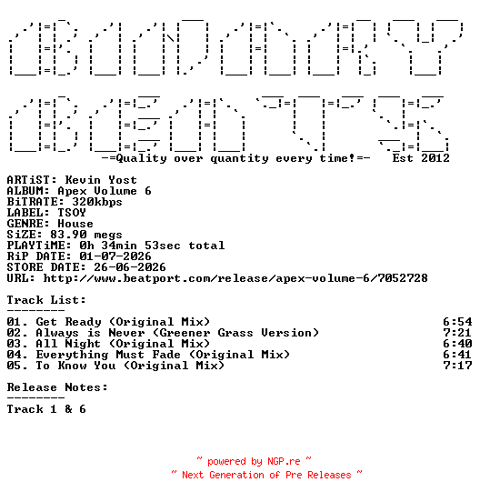 NFO for the release Kevin_Yost-Apex_Volume_6-(TSOY1156D5TRSPDBP)-WEB-2026-BB by BB