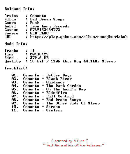 NFO for the release Cemento-Bad_Dream_Songs-16BIT-44KHZ-WEB-FLAC-2025-CBR by CBR