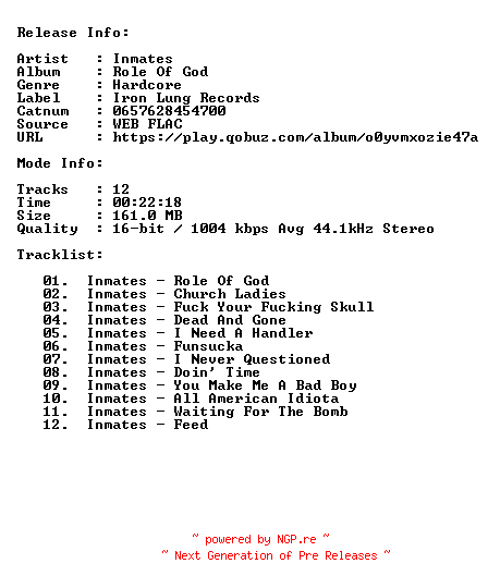 NFO for the release Inmates-Role_Of_God-16BIT-44KHZ-WEB-FLAC-2025-CBR by CBR