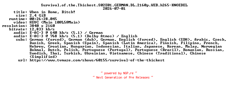 NFO for the release Survival.of.the.Thickest.S02E01.GERMAN.DL.2160p.WEB.h265-KNOEDEL by KNOEDEL