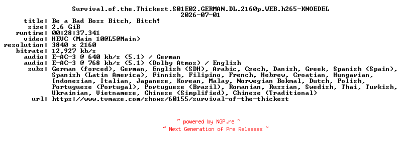 NFO for the release Survival.of.the.Thickest.S01E02.GERMAN.DL.2160p.WEB.h265-KNOEDEL by KNOEDEL