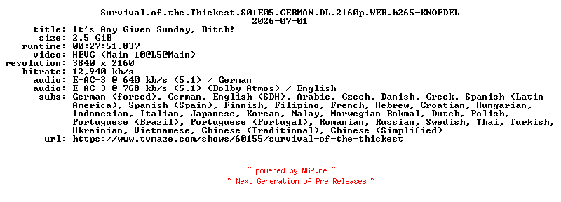 NFO for the release Survival.of.the.Thickest.S01E05.GERMAN.DL.2160p.WEB.h265-KNOEDEL by KNOEDEL