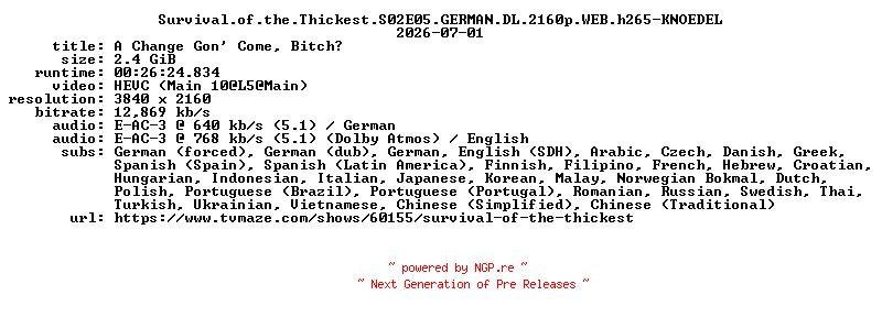 NFO for the release Survival.of.the.Thickest.S02E05.GERMAN.DL.2160p.WEB.h265-KNOEDEL by KNOEDEL