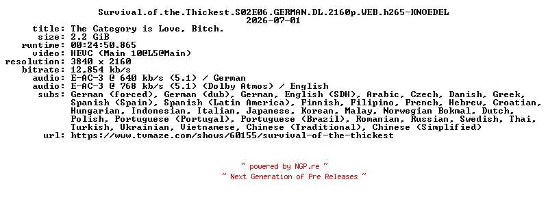 NFO for the release Survival.of.the.Thickest.S02E06.GERMAN.DL.2160p.WEB.h265-KNOEDEL by KNOEDEL
