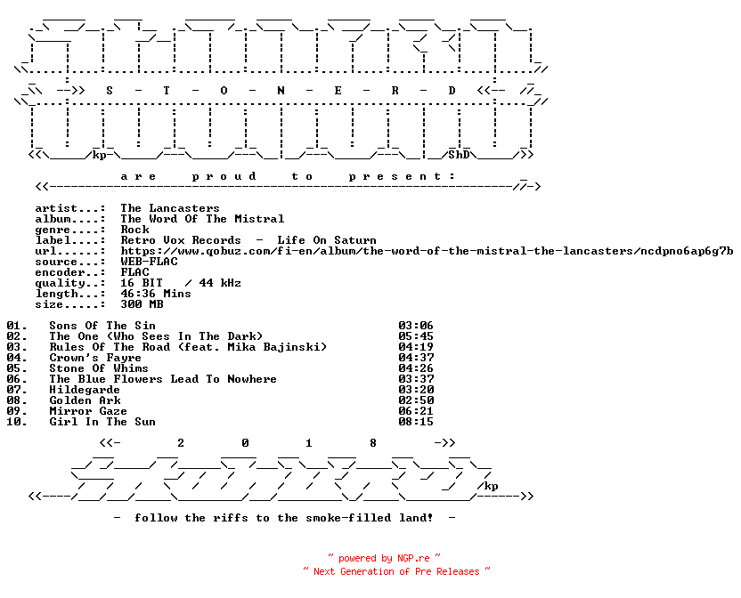 NFO for the release The_Lancasters-The_Word_Of_The_Mistral-16BIT-WEB-FLAC-2025-STONERD by STONERD