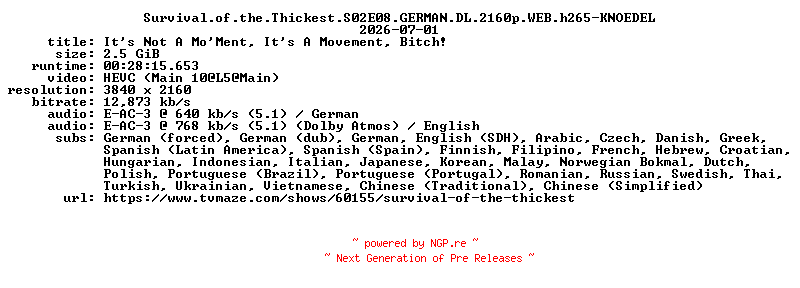 NFO for the release Survival.of.the.Thickest.S02E08.GERMAN.DL.2160p.WEB.h265-KNOEDEL by KNOEDEL