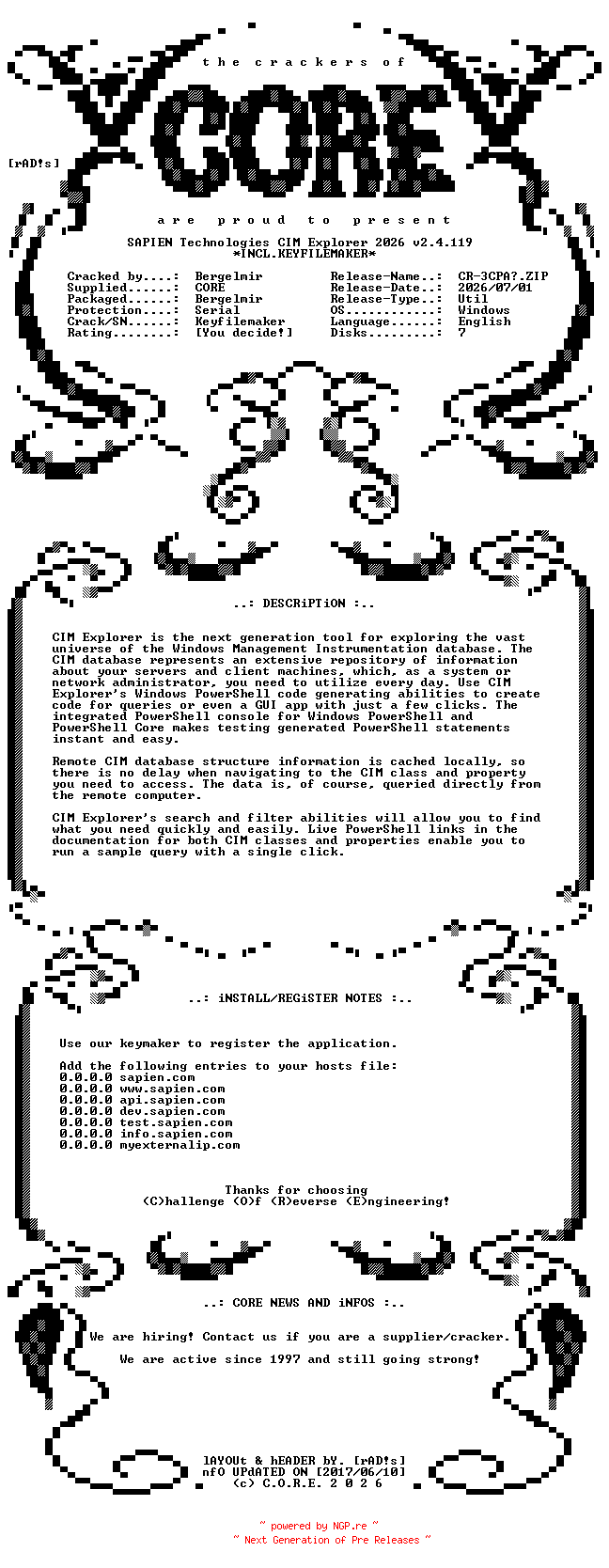 NFO for the release SAPIEN.Technologies.CIM.Explorer.2026.v2.4.119.x64.Incl.Keyfilemaker-CORE by CORE