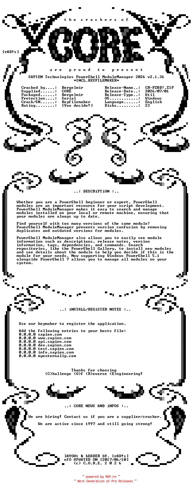 NFO for the release SAPIEN.Technologies.PowerShell.ModuleManager.2026.v2.1.36.ARM64.Incl.Keyfilemaker-CORE by CORE