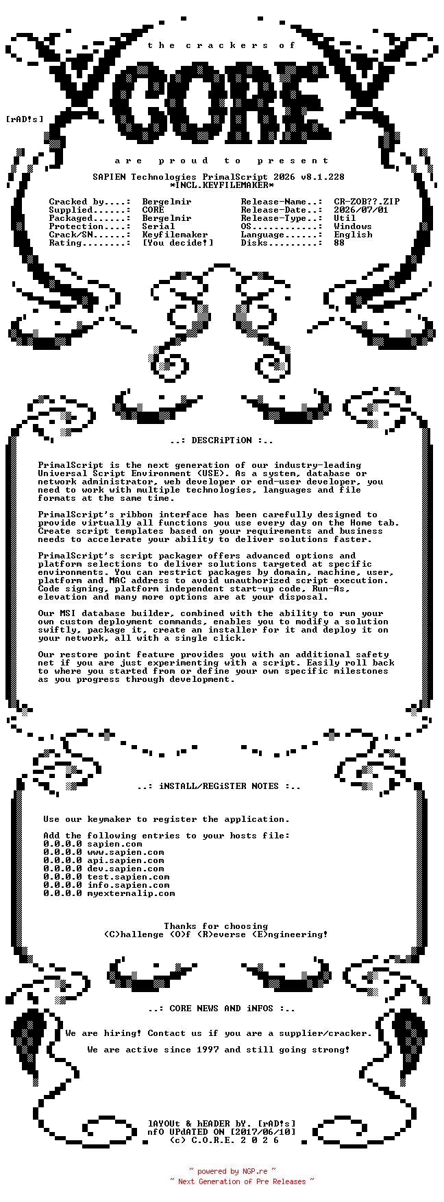 NFO for the release SAPIEN.Technologies.PrimalScript.2026.v8.1.228.ARM64.Incl.Keyfilemaker-CORE by CORE