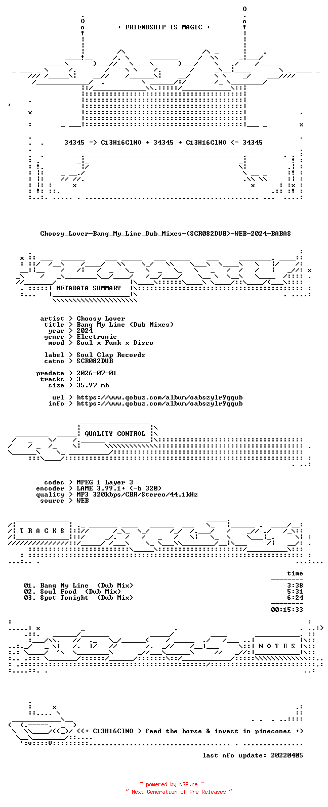 NFO for the release Choosy_Lover-Bang_My_Line_Dub_Mixes-(SCR082DUB)-WEB-2024-BABAS by BABAS