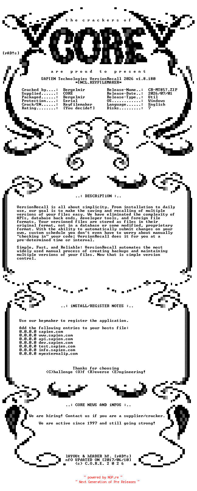 NFO for the release SAPIEN.Technologies.VersionRecall.2026.v1.8.180.x64.Incl.Keyfilemaker-CORE by CORE