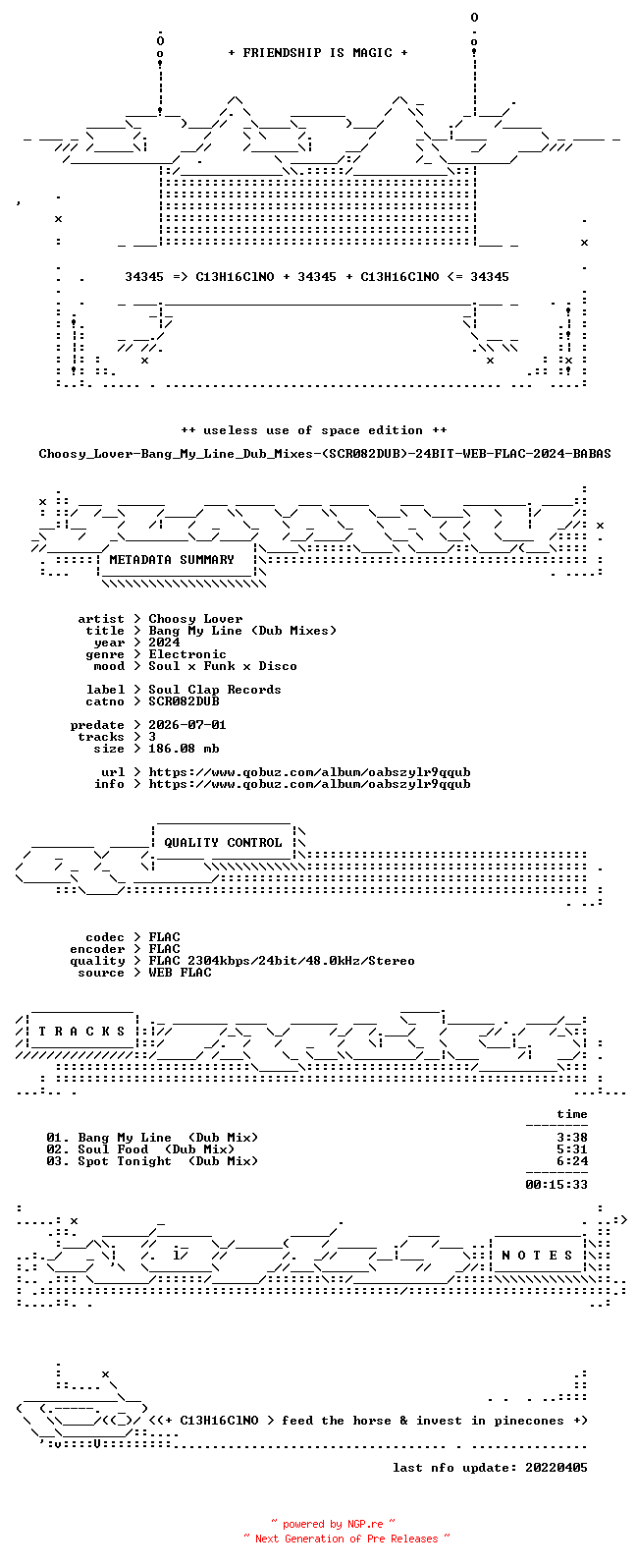 NFO for the release Choosy_Lover-Bang_My_Line_Dub_Mixes-(SCR082DUB)-24BIT-WEB-FLAC-2024-BABAS by BABAS