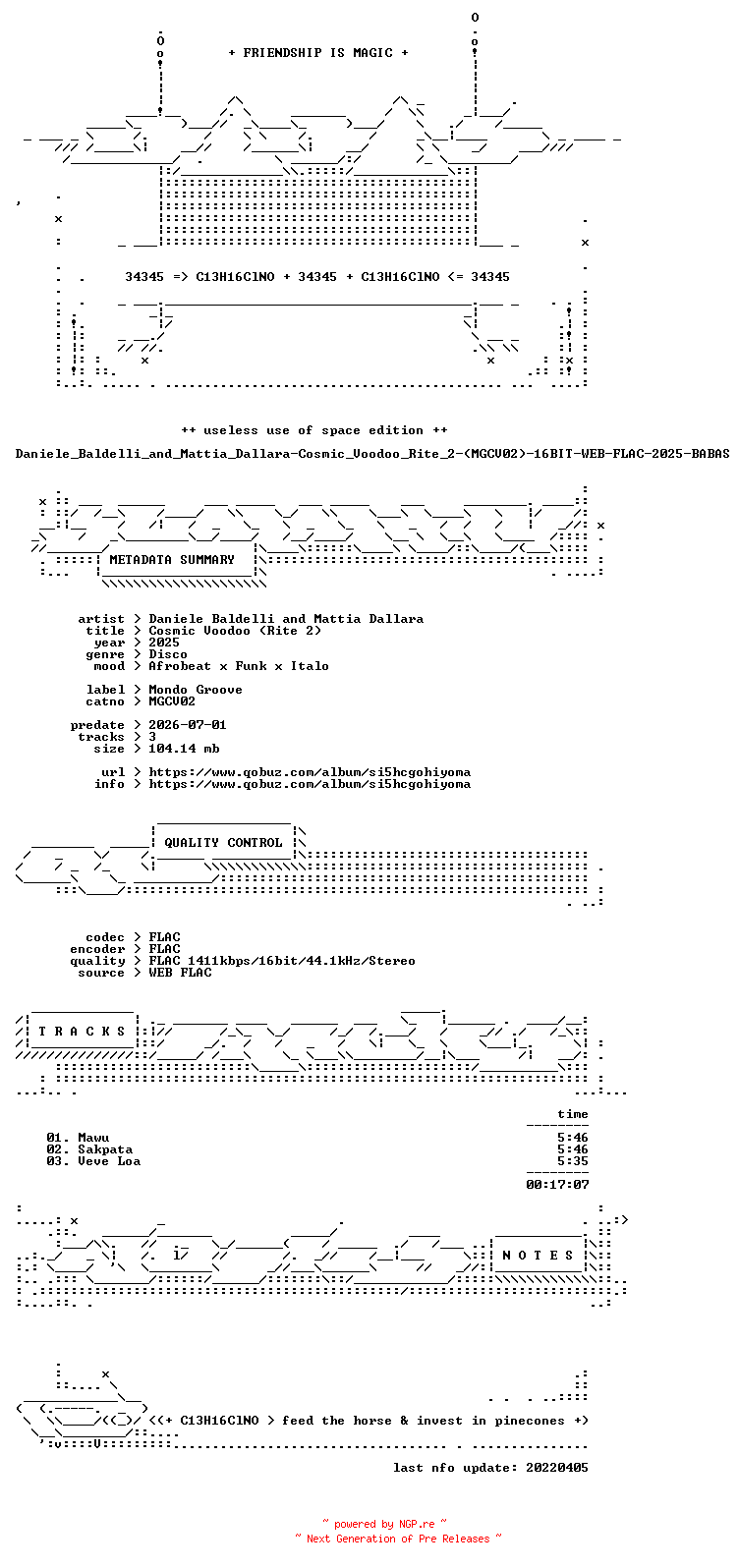 NFO for the release Daniele_Baldelli_and_Mattia_Dallara-Cosmic_Voodoo_Rite_2-(MGCV02)-16BIT-WEB-FLAC-2025-BABAS by BABAS
