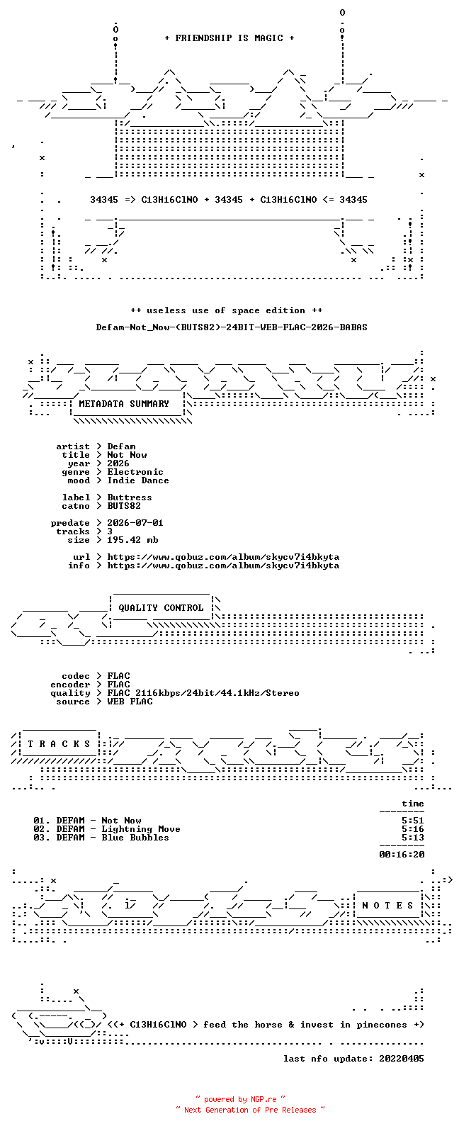 NFO for the release Defam-Not_Now-(BUTS82)-24BIT-WEB-FLAC-2026-BABAS by BABAS