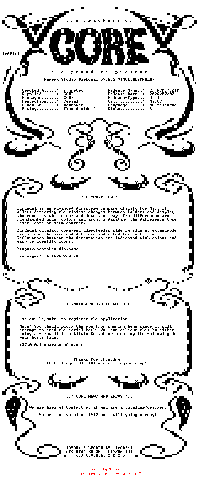 NFO for the release Naarak.Studio.DirEqual.v7.6.5.MacOS.UB.Multilingual.Incl.Keymaker-CORE by CORE