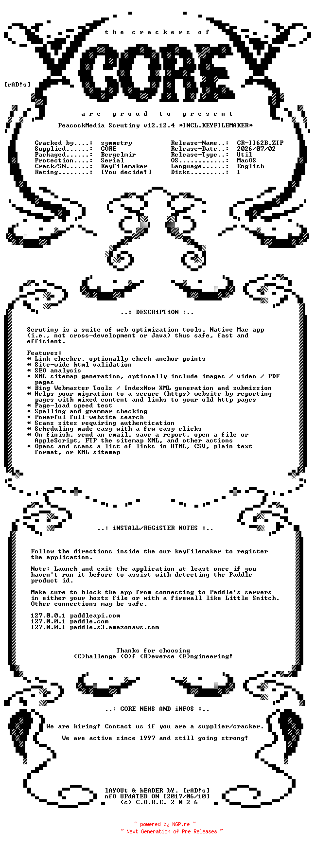 NFO for the release PeacockMedia.Scrutiny.v12.12.4.MacOS.UB.Incl.Keyfilemaker-CORE by CORE