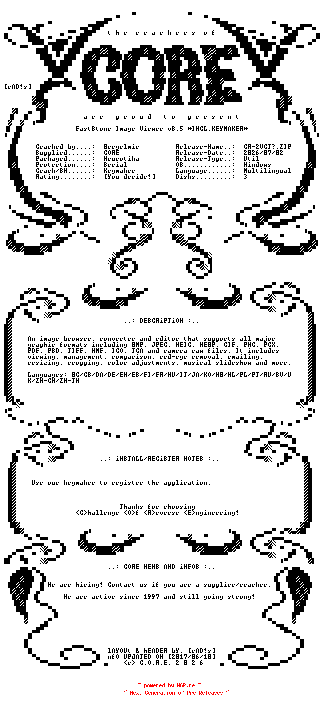 NFO for the release FastStone.Image.Viewer.v8.5.Multilingual.Incl.Keymaker-CORE by CORE