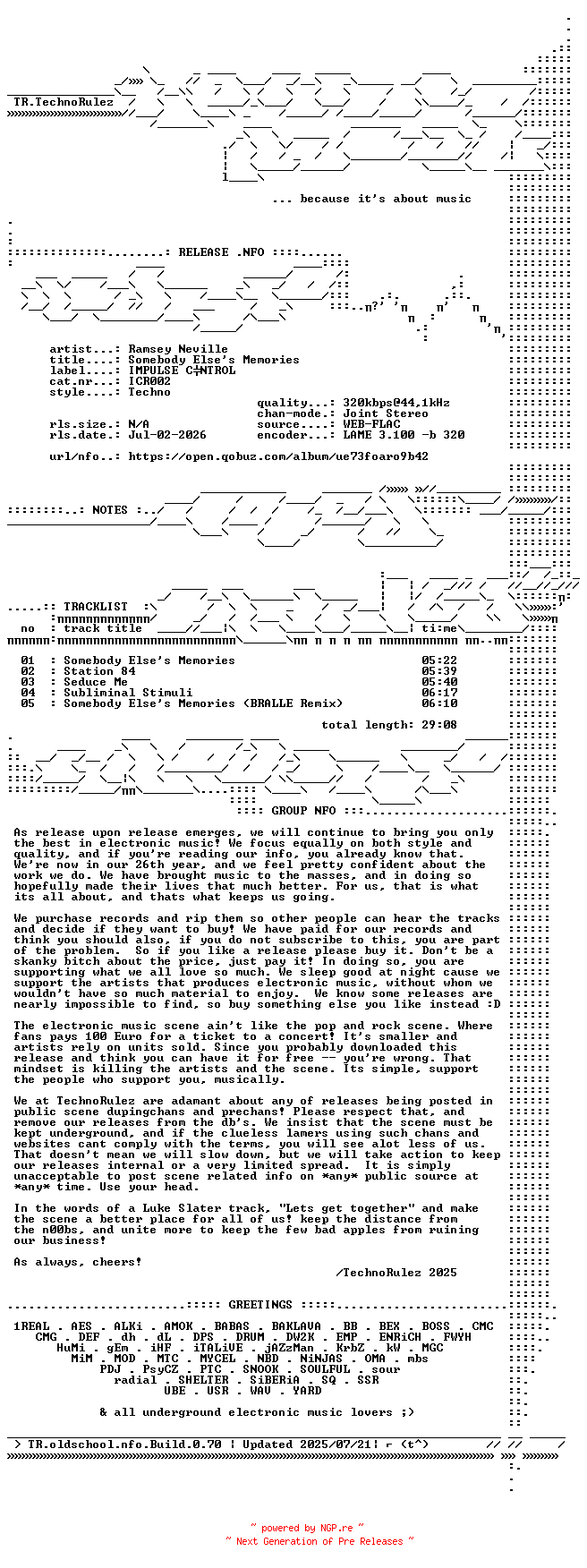 NFO for the release Ramsey_Neville-Somebody_Elses_Memories-(ICR002)-WEB-2026-TR by TR