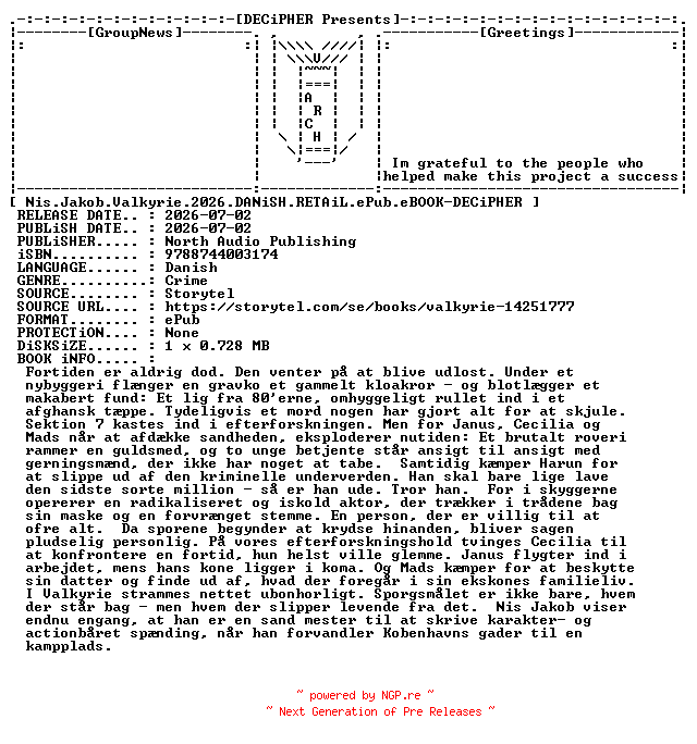 NFO for the release Nis.Jakob.Valkyrie.2026.DANiSH.RETAiL.ePub.eBOOK-DECiPHER by DECiPHER
