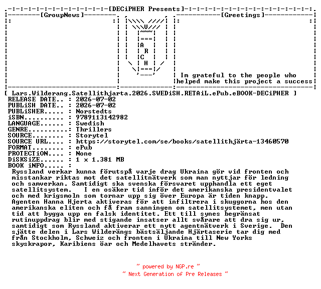 NFO for the release Lars.Wilderang.Satellithjarta.2026.SWEDiSH.RETAiL.ePub.eBOOK-DECiPHER by DECiPHER