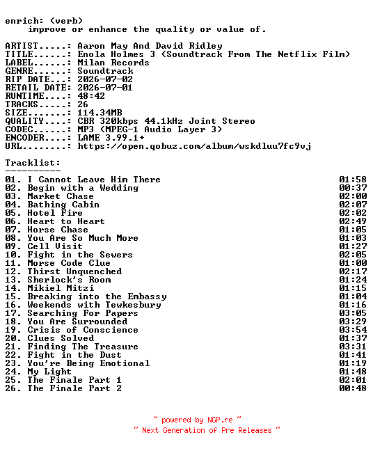 NFO for the release Aaron_May_And_David_Ridley-Enola_Holmes_3_(Soundtrack_From_The_Netflix_Film)-OST-WEB-2026-ENRiCH by ENRiCH