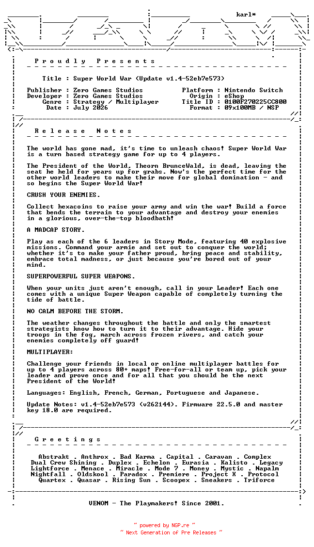 NFO for the release Super_World_War_Update_v1.4-52eb7e573_NSW-VENOM by VENOM