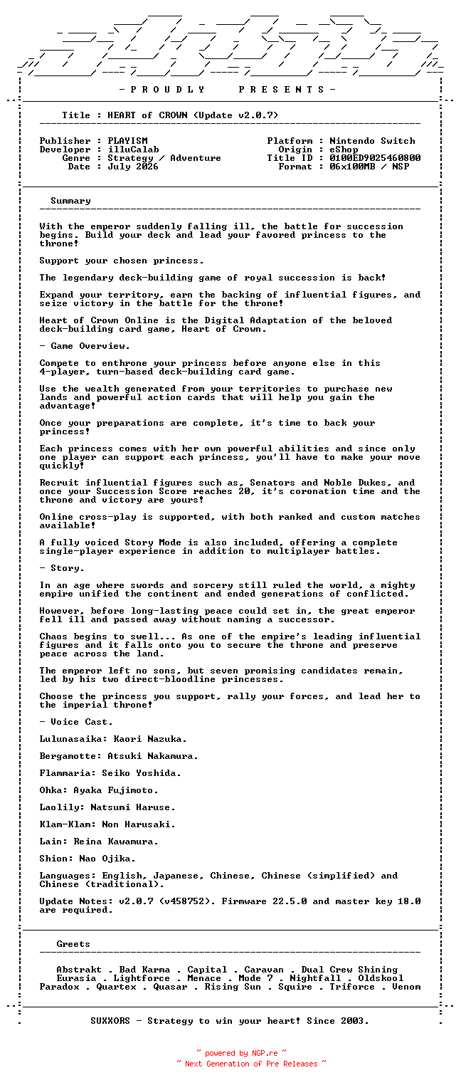 NFO for the release HEART_of_CROWN_Update_v2.0.7_NSW-SUXXORS by SUXXORS