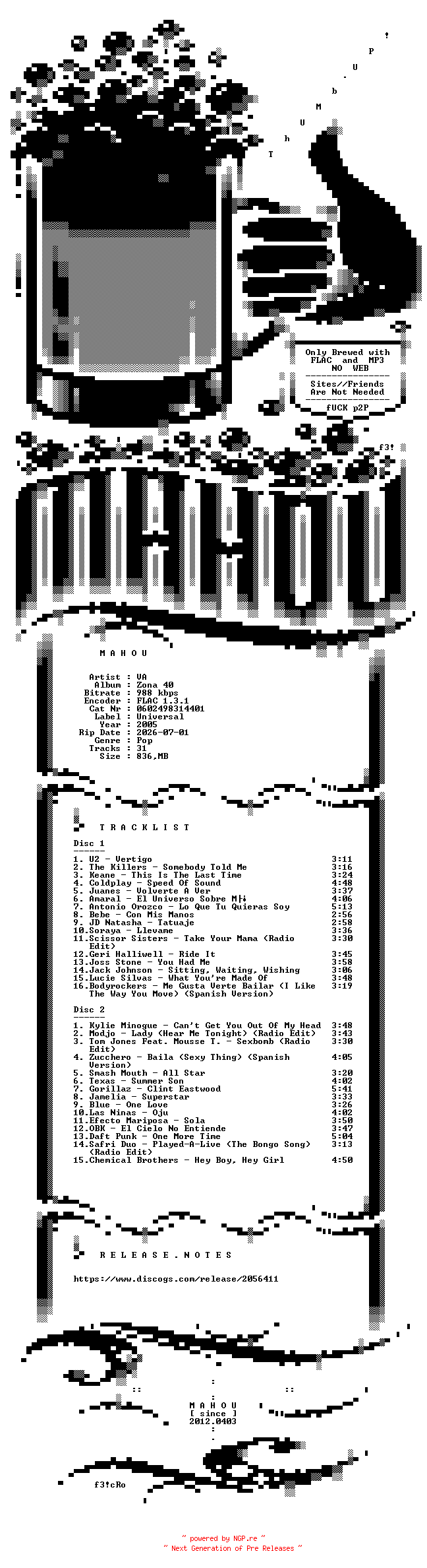 NFO for the release VA-Zona_40-2CD-FLAC-2005-MAHOU by MAHOU