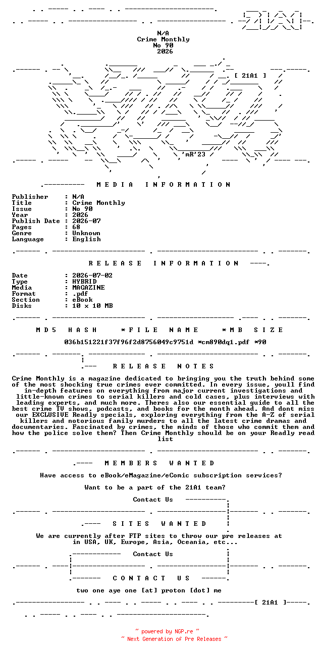 NFO for the release Crime.Monthly.No.90.2026.HYBRID.MAGAZINE.eBook-21A1 by 21A1