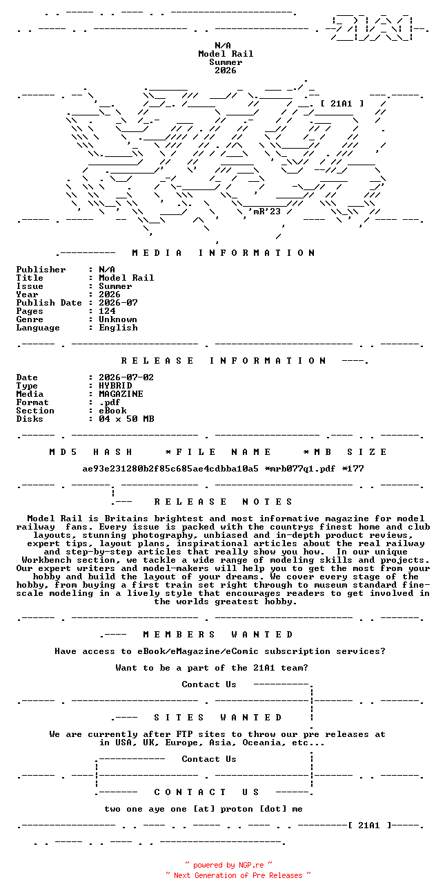 NFO for the release Model.Rail.Summer.2026.HYBRID.MAGAZINE.eBook-21A1 by 21A1