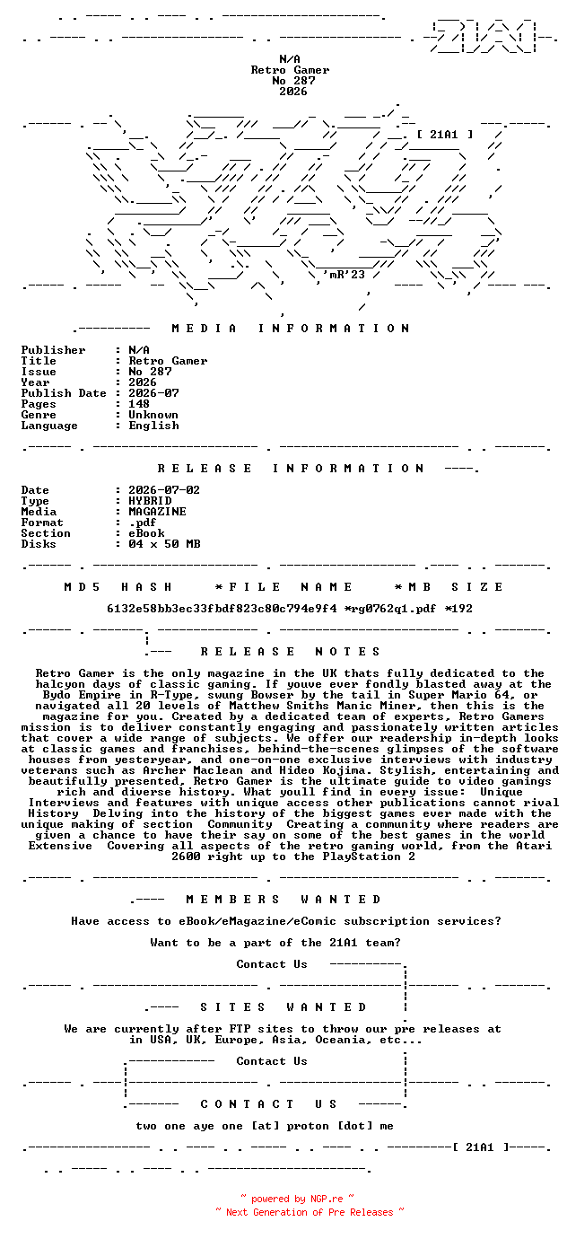NFO for the release Retro.Gamer.No.287.2026.HYBRID.MAGAZINE.eBook-21A1 by 21A1