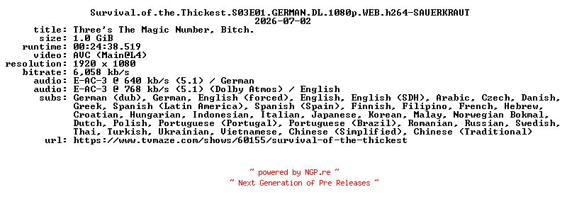 NFO for the release Survival.of.the.Thickest.S03E01.GERMAN.DL.1080p.WEB.h264-SAUERKRAUT by SAUERKRAUT