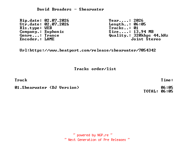 NFO for the release David_Broaders_-_Shearwater-(EUPH457DJ)-SINGLE-WEB-2026-FMC by FMC