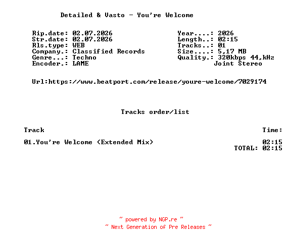 NFO for the release Detailed_And_Vasto_-_Youre_Welcome-(CR071)-SINGLE-WEB-2026-FMC by FMC